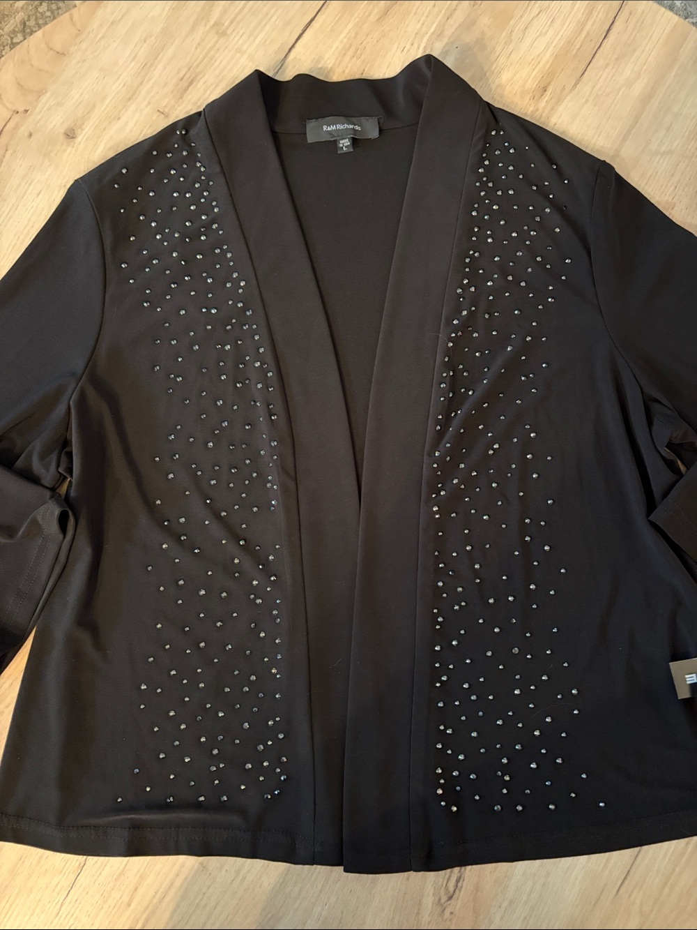 R&M RICHARDS BLACK RHINESTONES EMBELLISHED OPEN FRONT JACKET SIZE LARGE